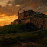 Bayreuther Festspielhaus bei Daemmerung im Stil eines atmosphaerischen Gemaeldes
