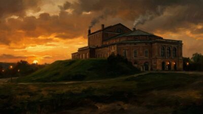 Bayreuther Festspielhaus bei Daemmerung im Stil eines atmosphaerischen Gemaeldes