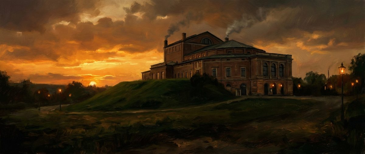 Bayreuther Festspielhaus bei Daemmerung im Stil eines atmosphaerischen Gemaeldes