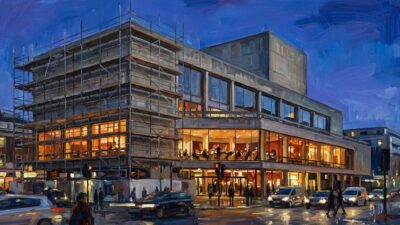 Modernistisches Opernhaus mit Baugeruest im Stil eines architektonischen Gemaeldes