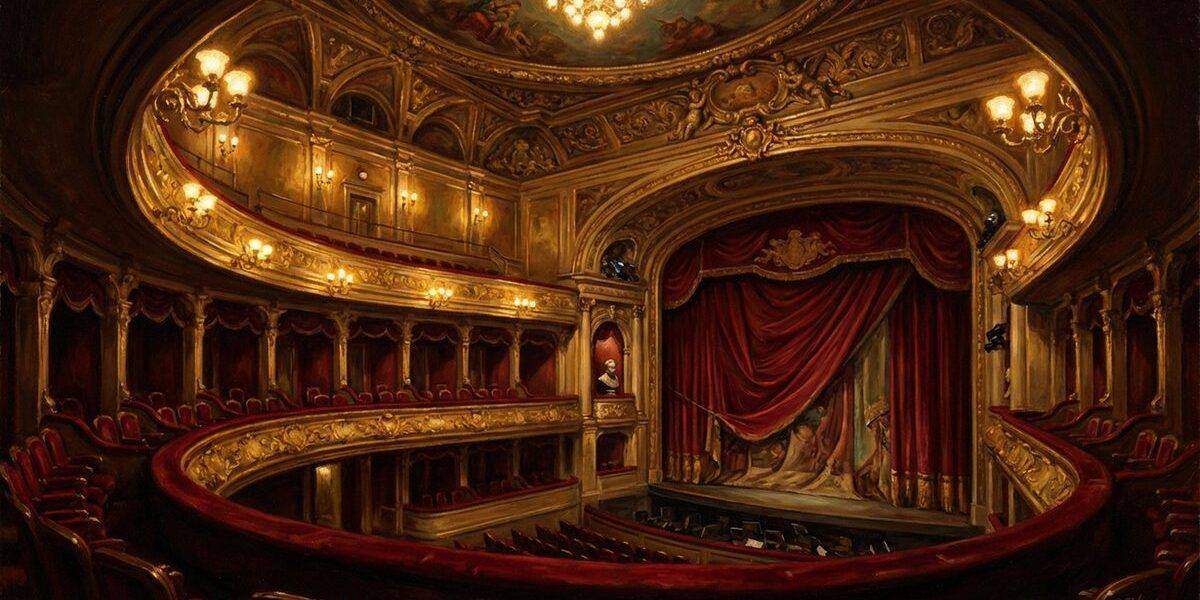 Opernhaus-Interior im Stil eines Oelgemaeldes, warmes goldenes Licht