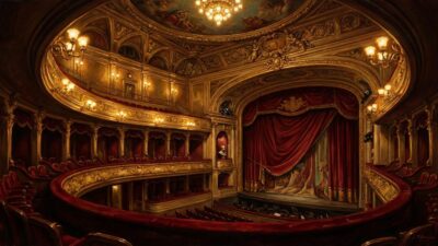 Opernhaus-Interior im Stil eines Oelgemaeldes, warmes goldenes Licht