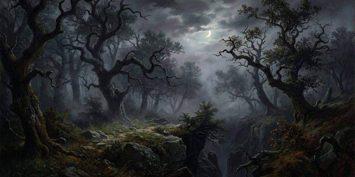 Dunkler romantischer Wald bei Daemmerung im Stil eines Oelgemaeldes