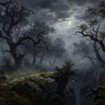 Dunkler romantischer Wald bei Daemmerung im Stil eines Oelgemaeldes