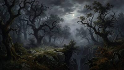 Dunkler romantischer Wald bei Daemmerung im Stil eines Oelgemaeldes